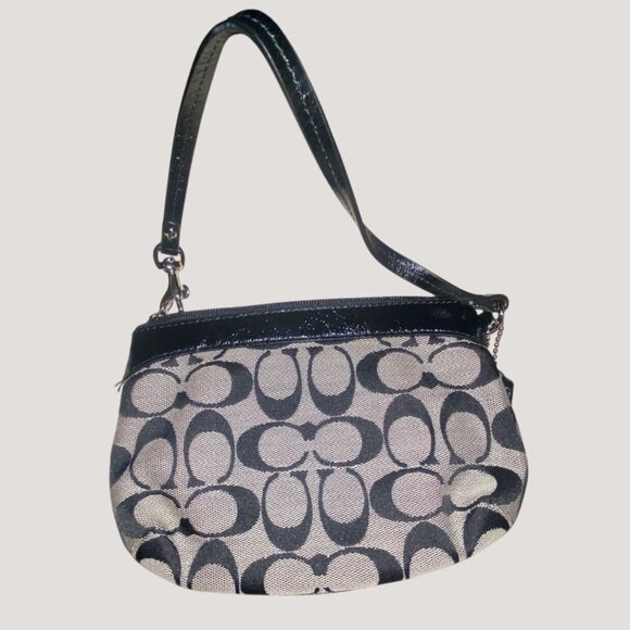 Coach Signature Black Gray Wristlet Wallet Compact Light Blue Interior - Picture 2 of 7